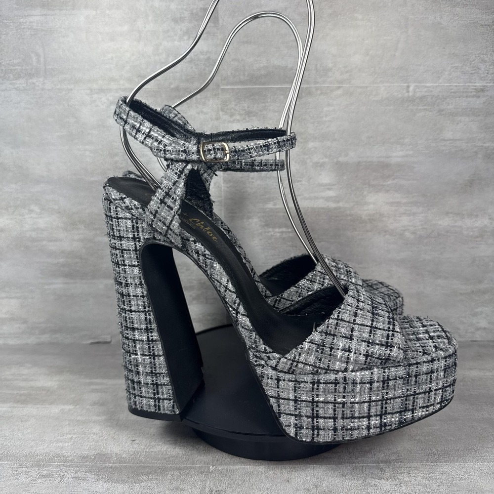 Plaid Platform Block Heel Sandals — Black & White